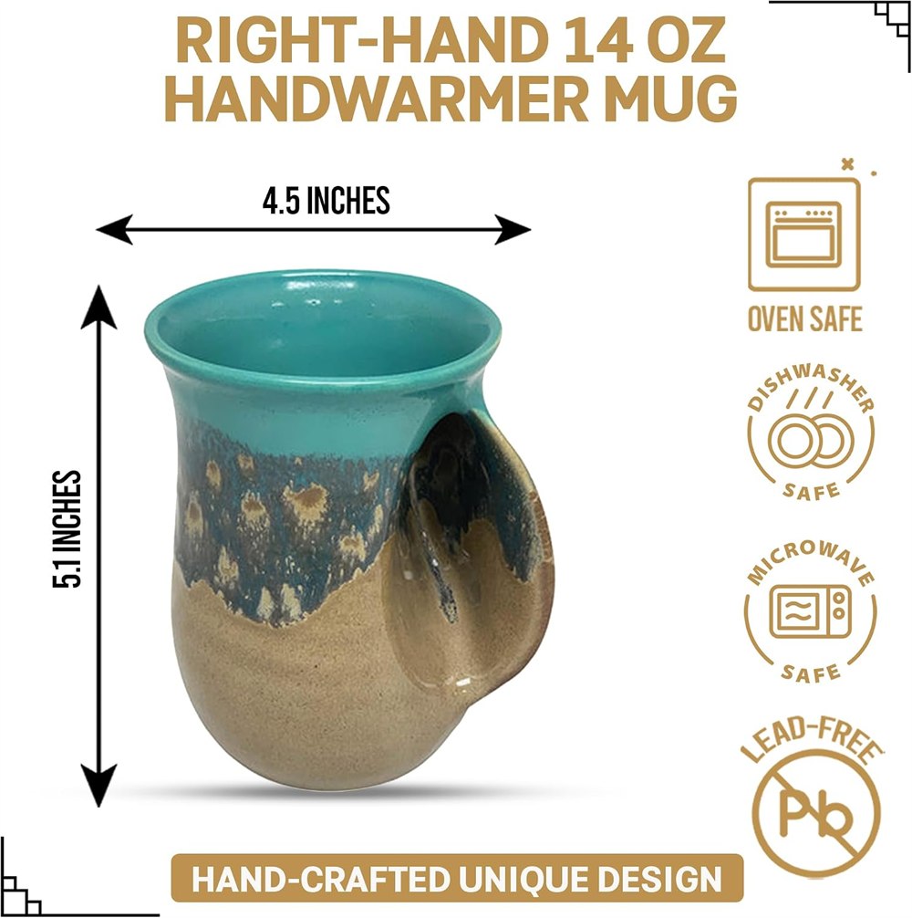 Seller diagram showing the 14-ounce right-handed mug and care information