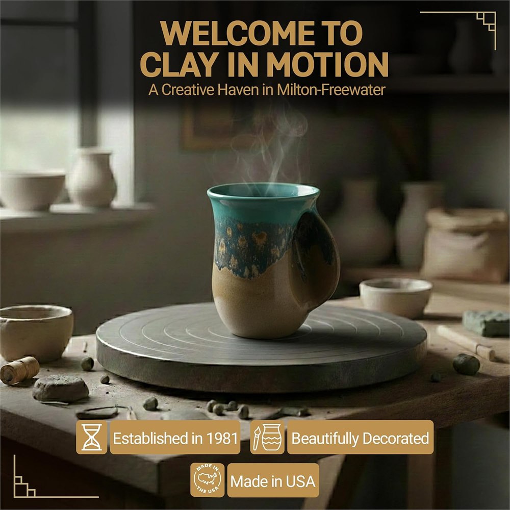Handmade Island Oasis ceramic mug displayed in a pottery studio