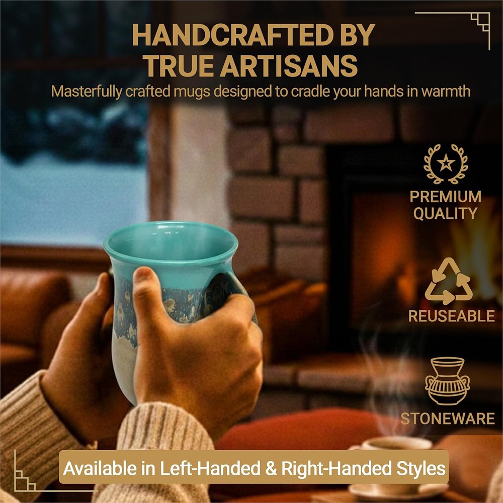 Hand holding the contoured ceramic mug beside a fireplace