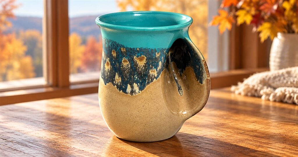Turquoise and sandy ceramic handwarmer mug with a sculpted finger pocket