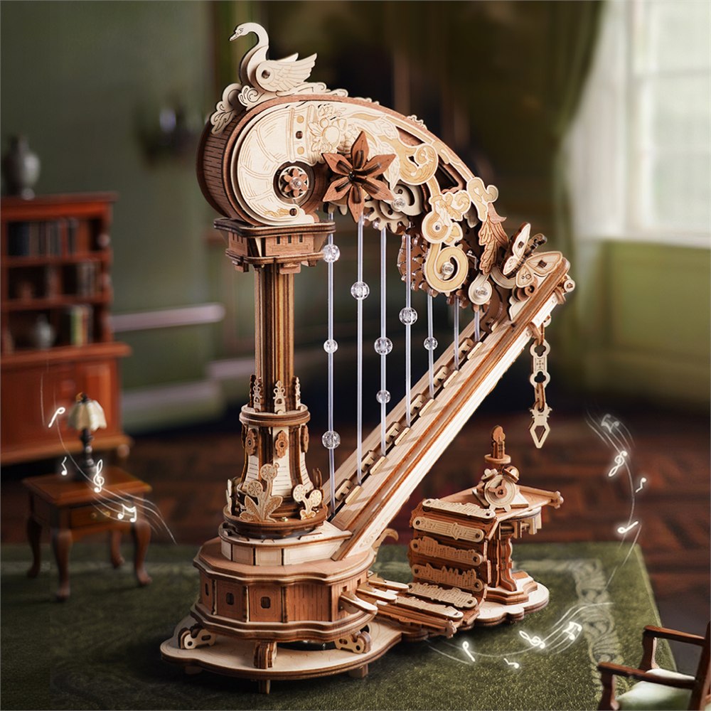 ROKR Magic Harp wooden music box with swan and exposed gears