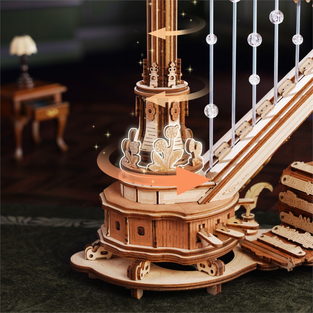Rotating wooden harp column and bead-decorated strings