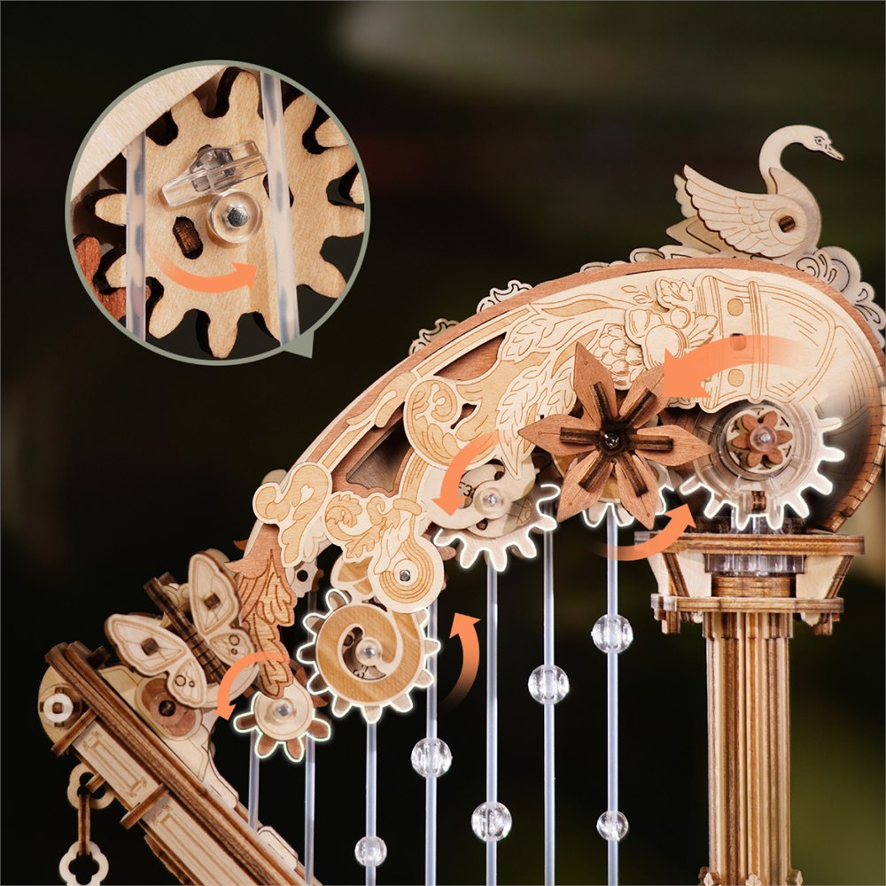 Magic Harp gear train, swan, and rotating flower detail