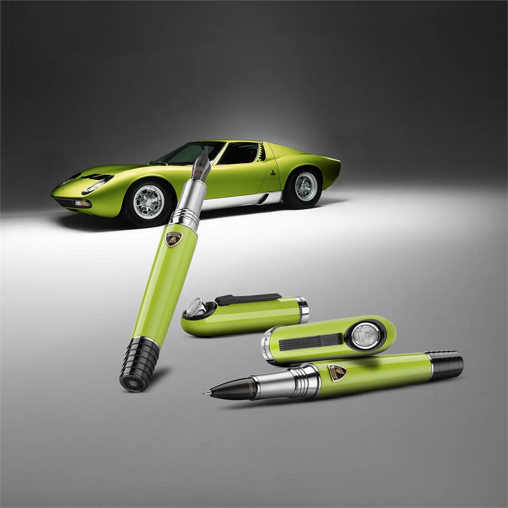 Green Miura pen collection with the inspiration car