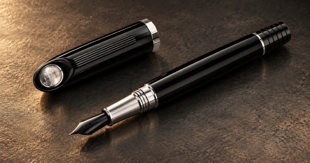 Black fountain pen and cap with headlight detail