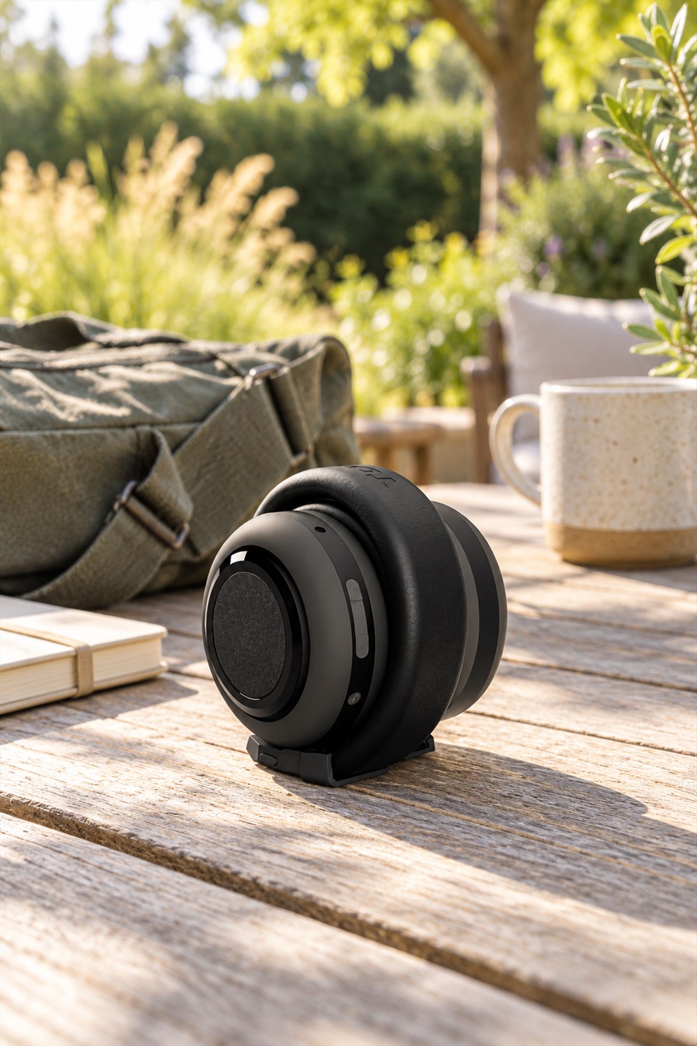 Black TDM Neo headphones folded into a compact speaker on a sunlit wooden patio table beside a bag, notebook, and mug.