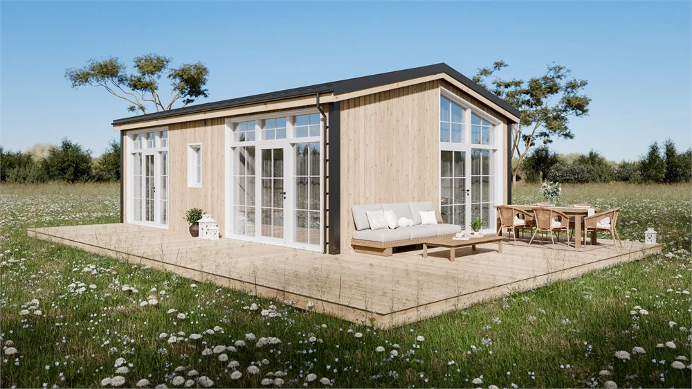 Manufacturer illustration of Helena exterior and optional terrace