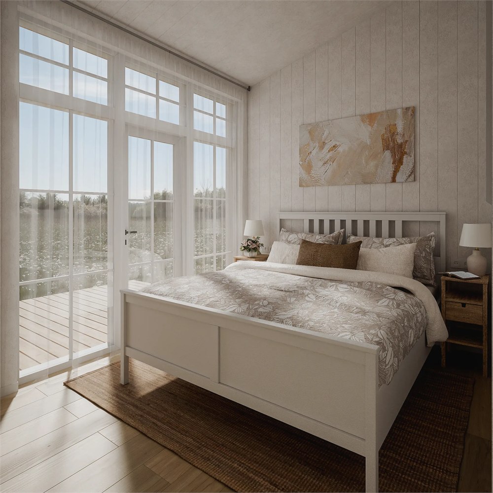 Illustrated main bedroom and terrace doors