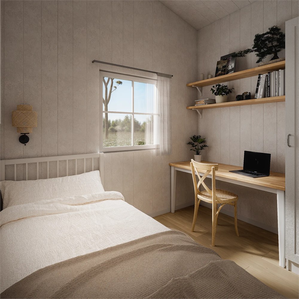 Illustrated small bedroom with single bed and desk