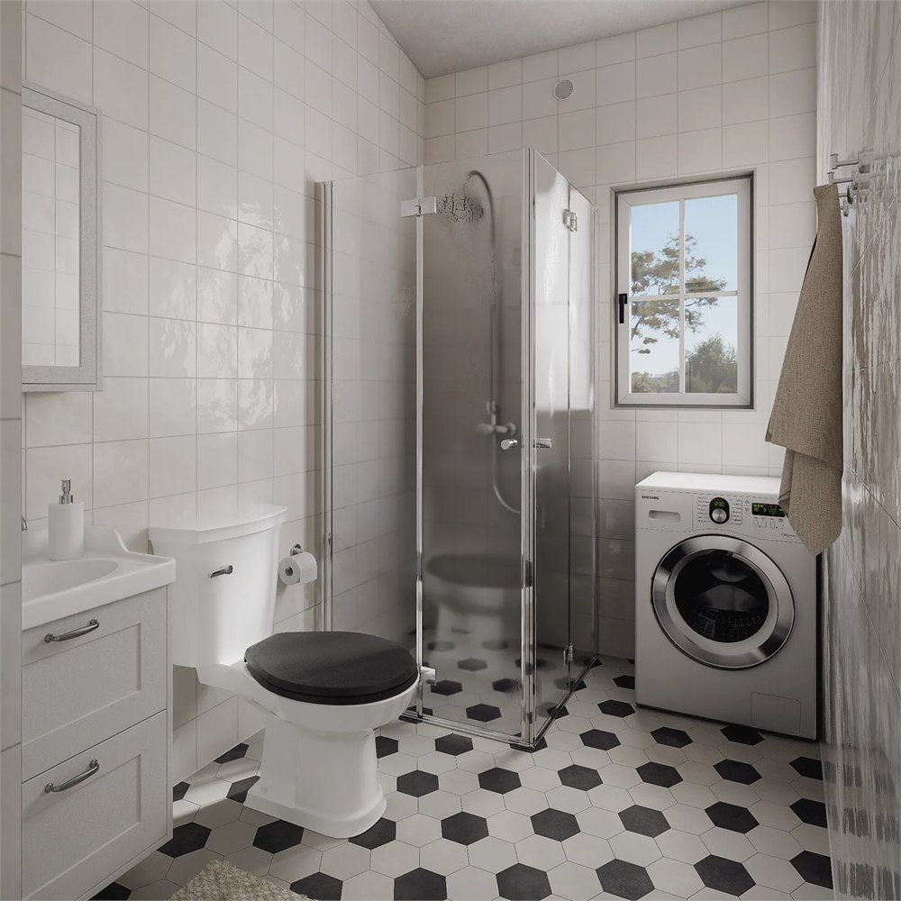 Illustrated bathroom with shower and optional washing machine