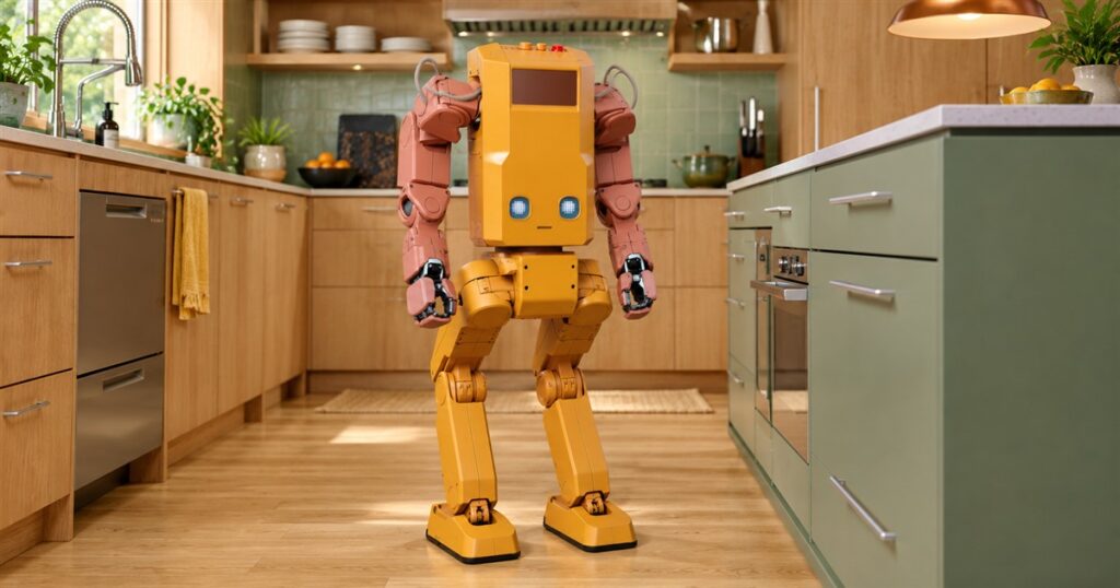 Voxel concept home robot standing in a kitchen