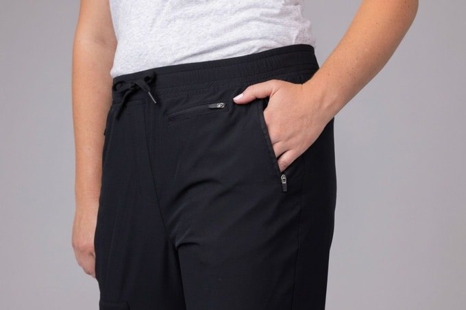 Matching black travel joggers with zippered pocket