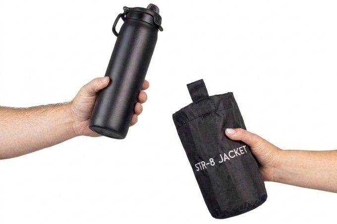 Official packing case shown beside a water bottle for size comparison