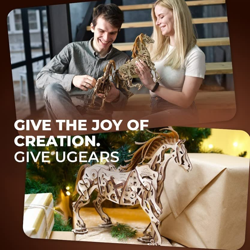 UGEARS seller gallery showing two people assembling the horse and the finished model beside a gift