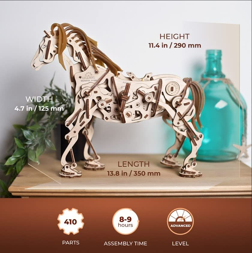 UGEARS horse size diagram with 410-piece count and advanced assembly estimate