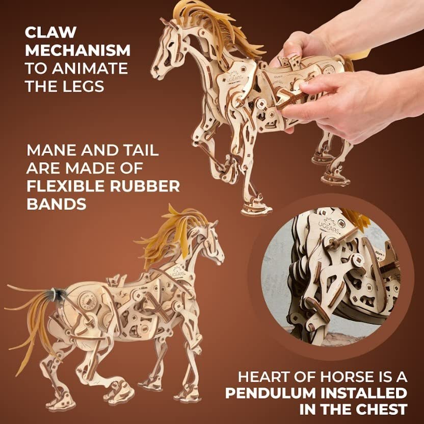 UGEARS horse mechanism details showing the pendulum, flexible mane and tail