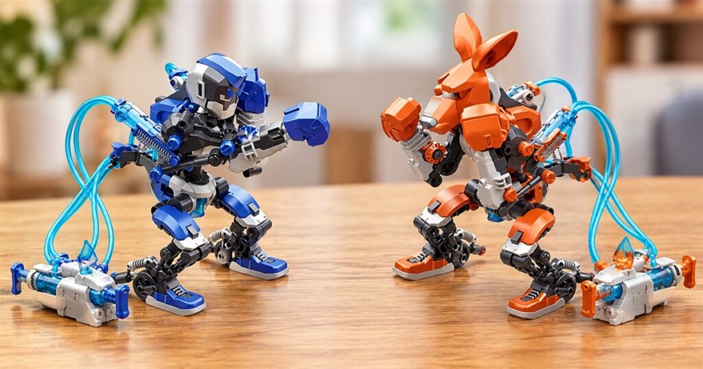 Blue and orange hydraulic boxing bots facing off on a tabletop