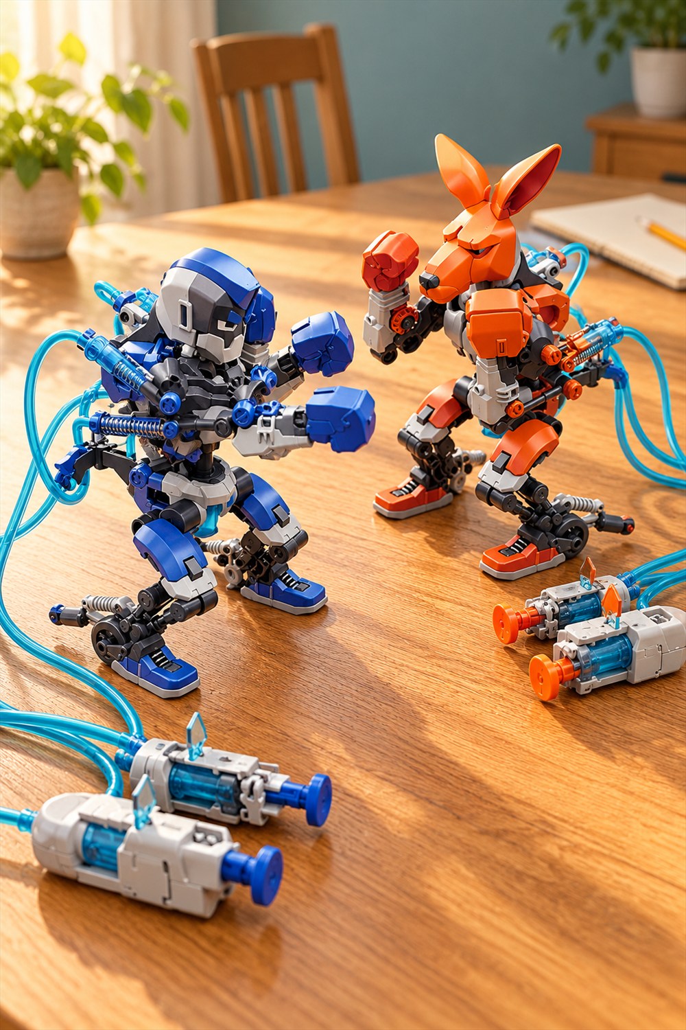 AI-generated lifestyle image of blue robot and orange kangaroo hydraulic boxing bots facing each other on an oak table with cyan tubes and four handheld controls.