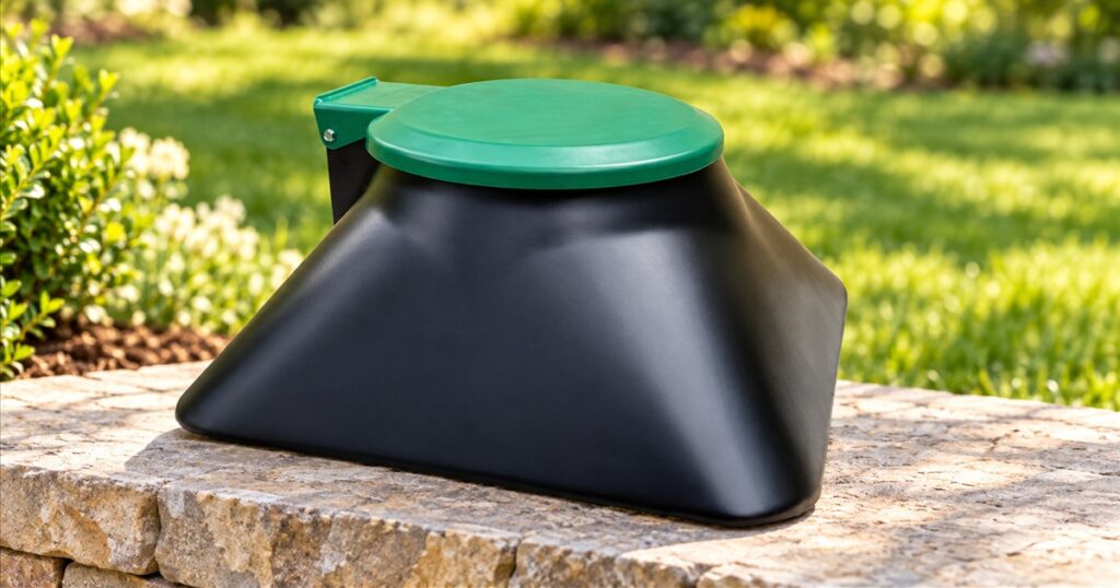 Uninstalled black and green pyramid-style dog waste digester on a garden ledge