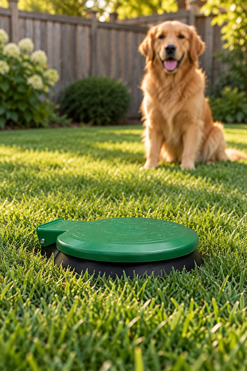 Green lid of an in-ground dog waste digester installed in a lawn, with a golden retriever sitting in the background.