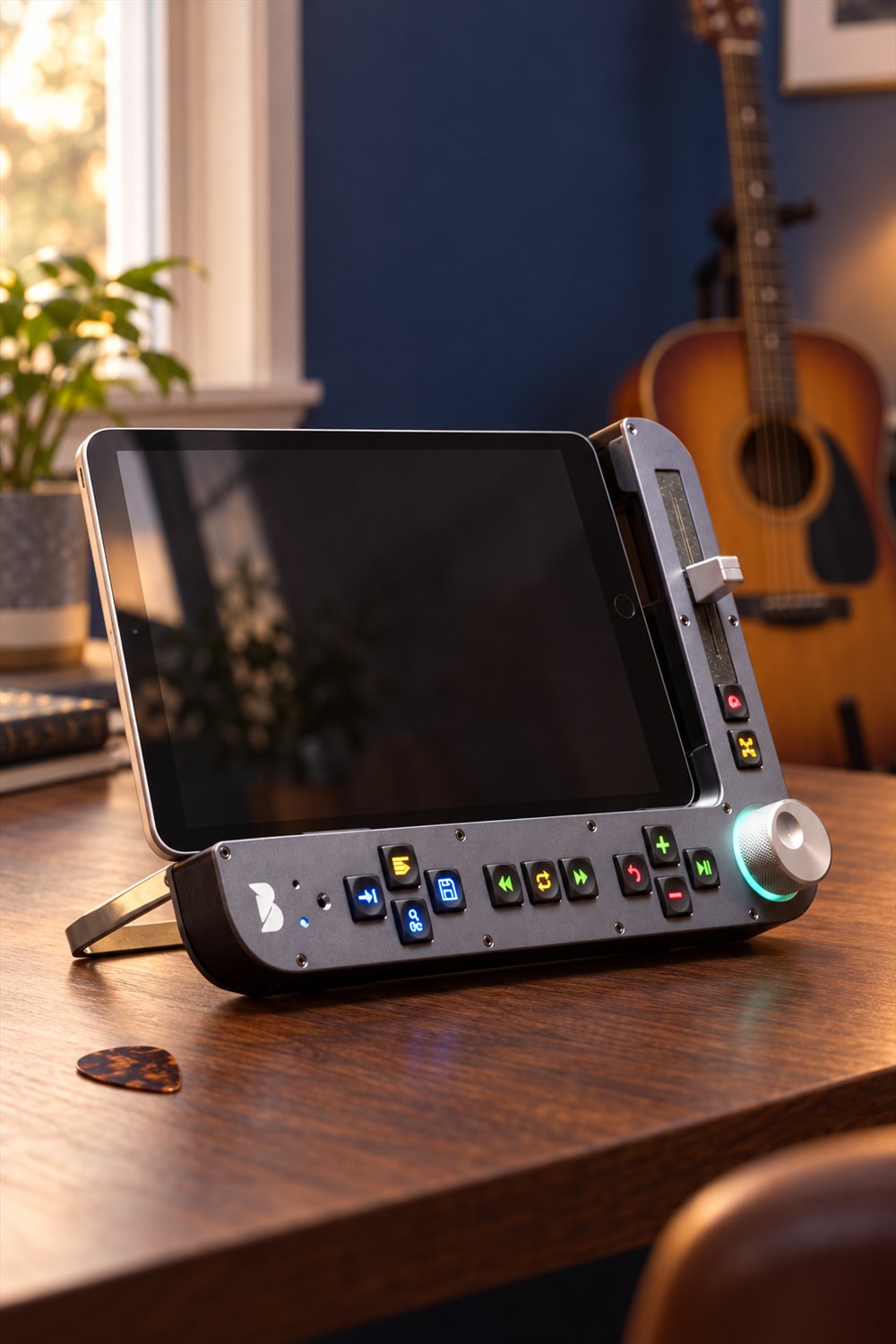 Benjamin iPad practice controller with illuminated buttons, silver scroll wheel and volume slider on a wooden desk beside an acoustic guitar.