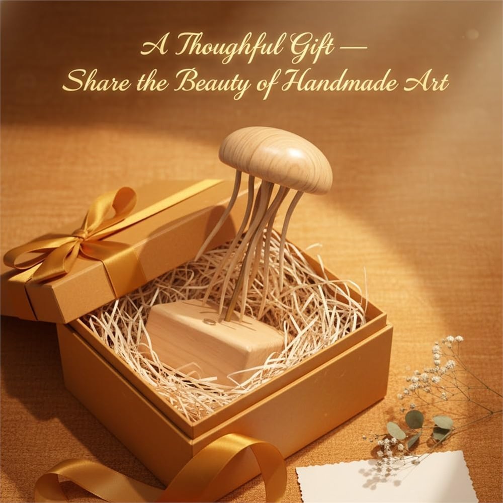 Seller gift scene with a wooden jellyfish sculpture