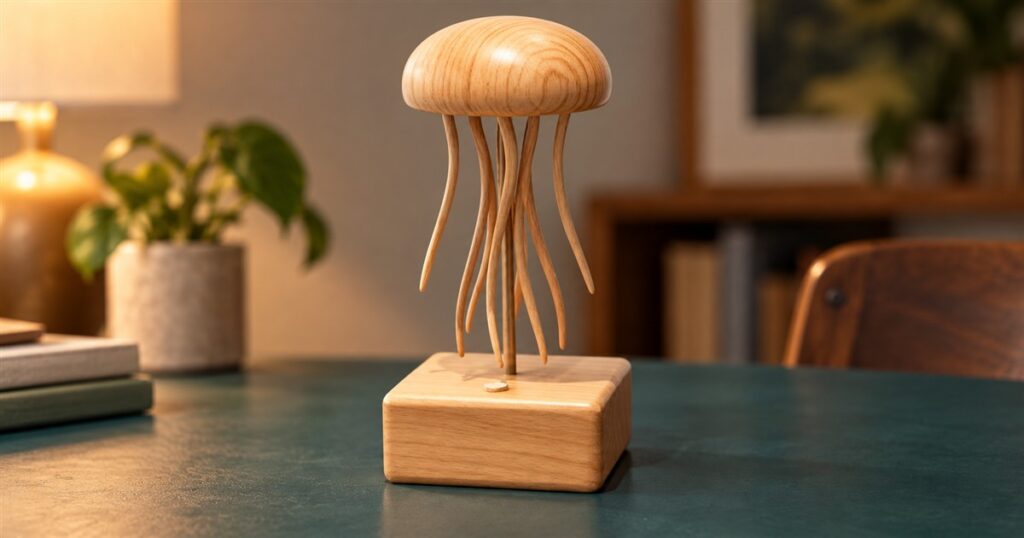 Wooden jellyfish sculpture on a dark teal desk