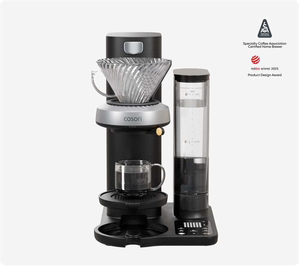 Official COSORI Juni product illustration with cone basket and certification badges