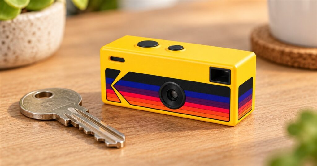 Illustration of a yellow miniature keychain digital camera
