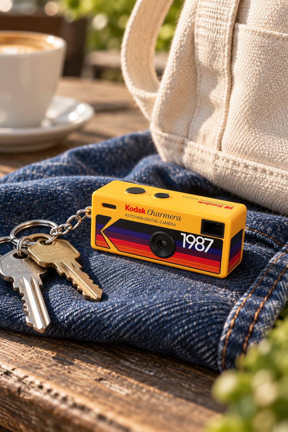 Yellow Kodak Charmera keychain camera with two house keys on folded blue denim beside a canvas bag and coffee cup.