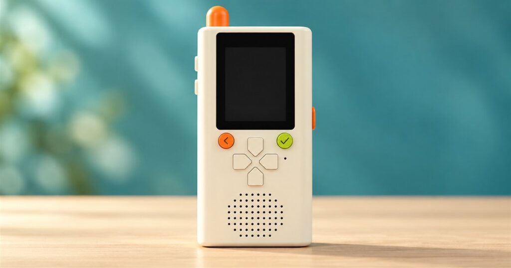 Cream Wi-Fi walkie-talkie with orange and green buttons on a tabletop