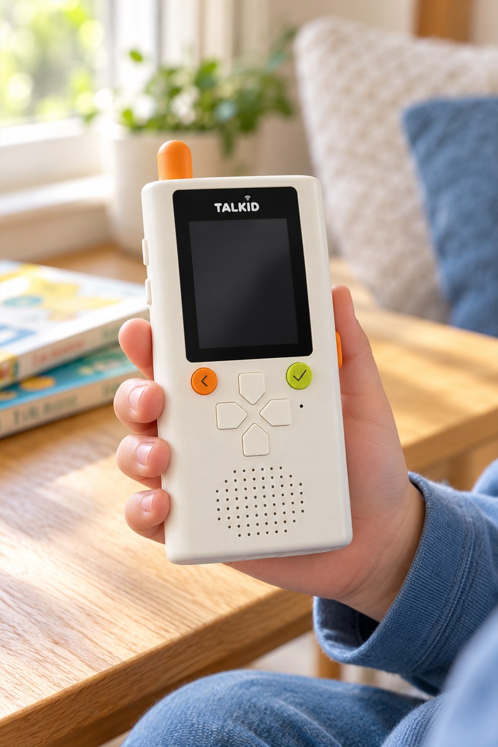 AI-generated lifestyle visualization of the coming-soon cream Talkid Wi-Fi communicator held beside a sunny indoor desk, with an orange antenna, green and orange buttons, and an inactive screen.