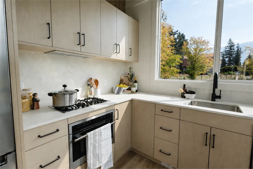 Ventura kitchen with pale cabinetry, a cooktop and broad windows