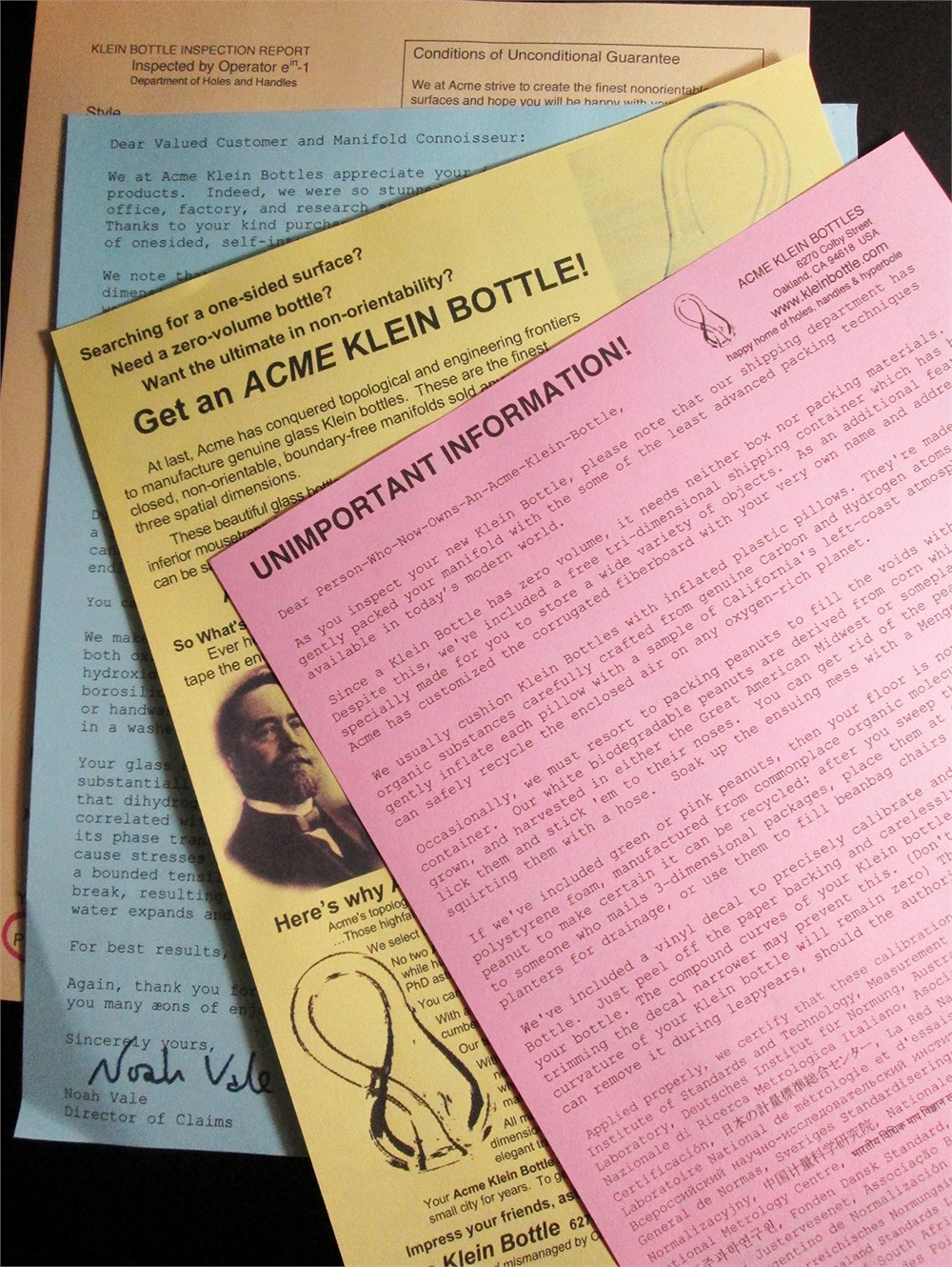 Printed information supplied with the Acme Klein bottle