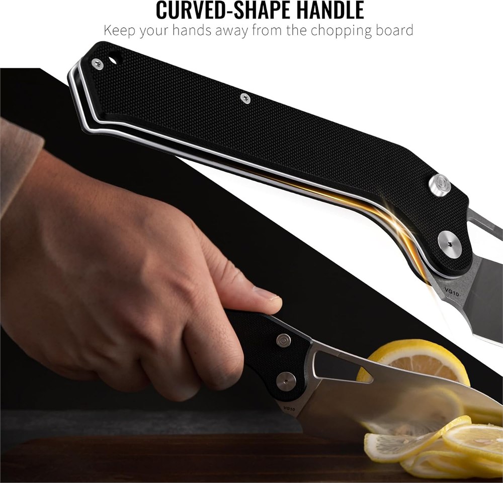 Curved black handle and knife slicing a lemon