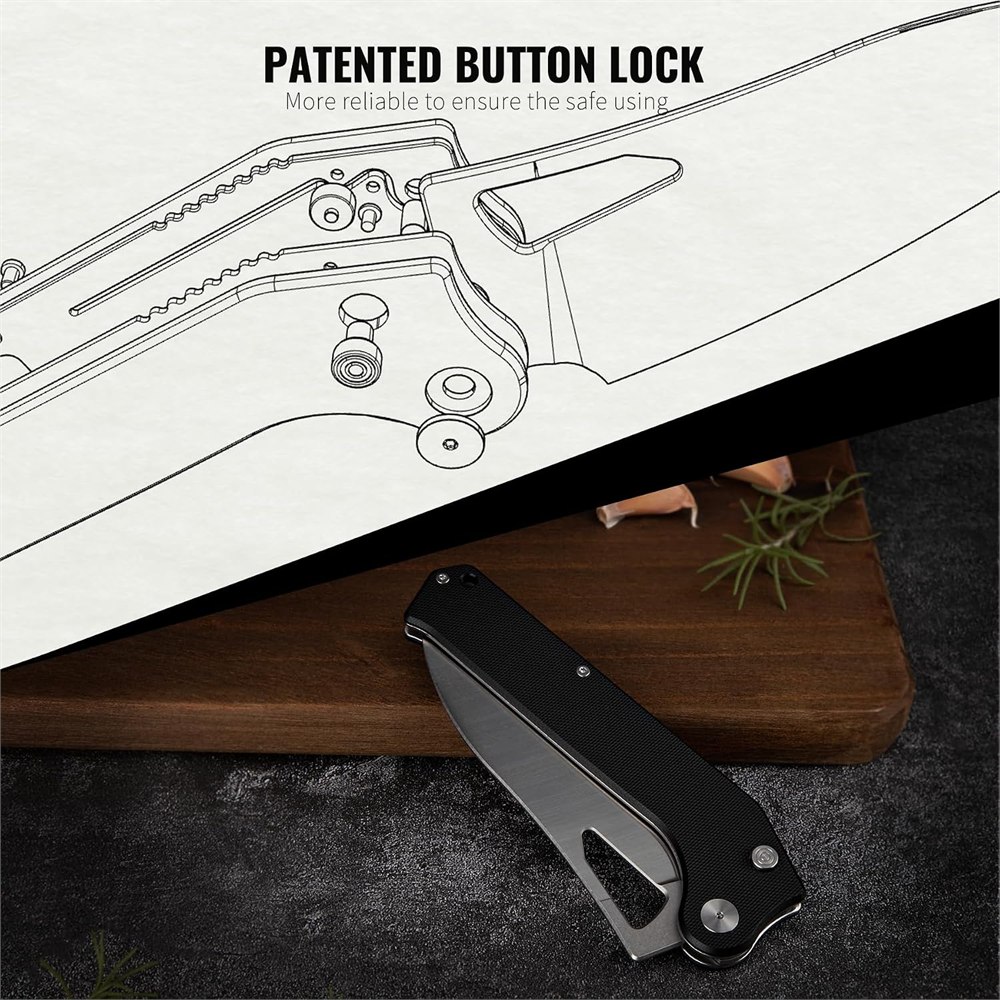 Seller diagram of the button lock beside the folded chef knife