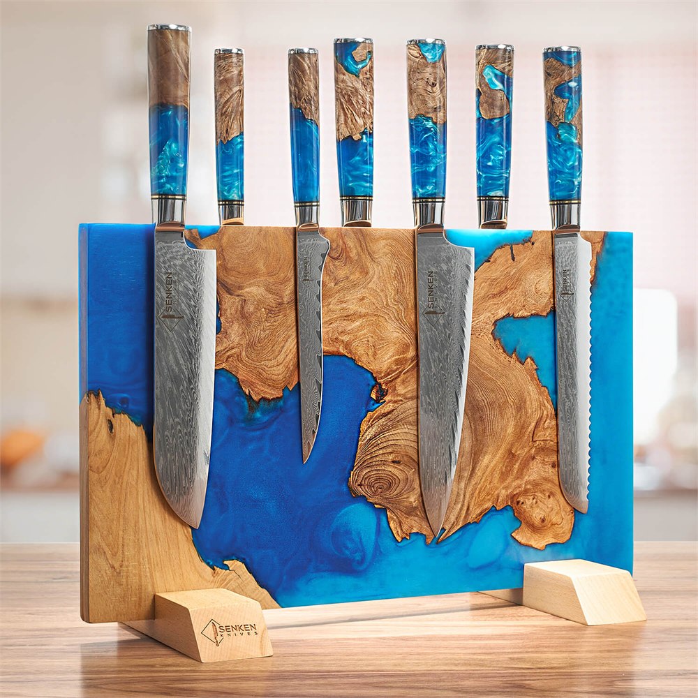 SENKEN blue resin and burl wood knife holder with separately sold knives