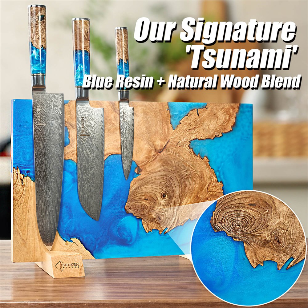 Close-up of natural wood grain and blue resin in the magnetic knife block