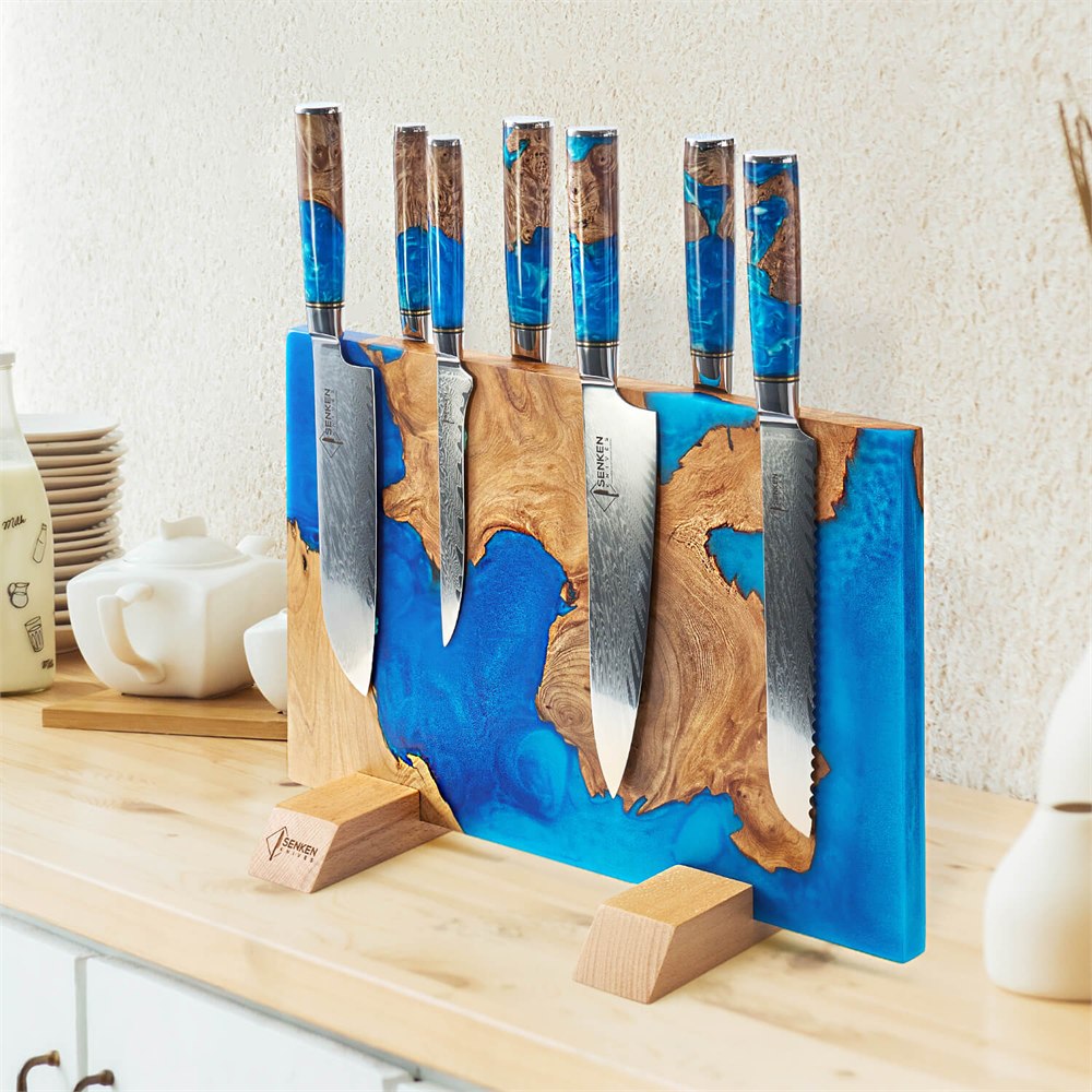 Blue resin knife block displayed on a kitchen countertop