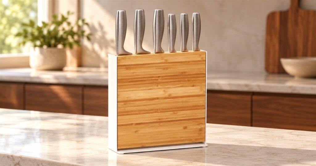 Bamboo and white steel knife stand on a kitchen counter