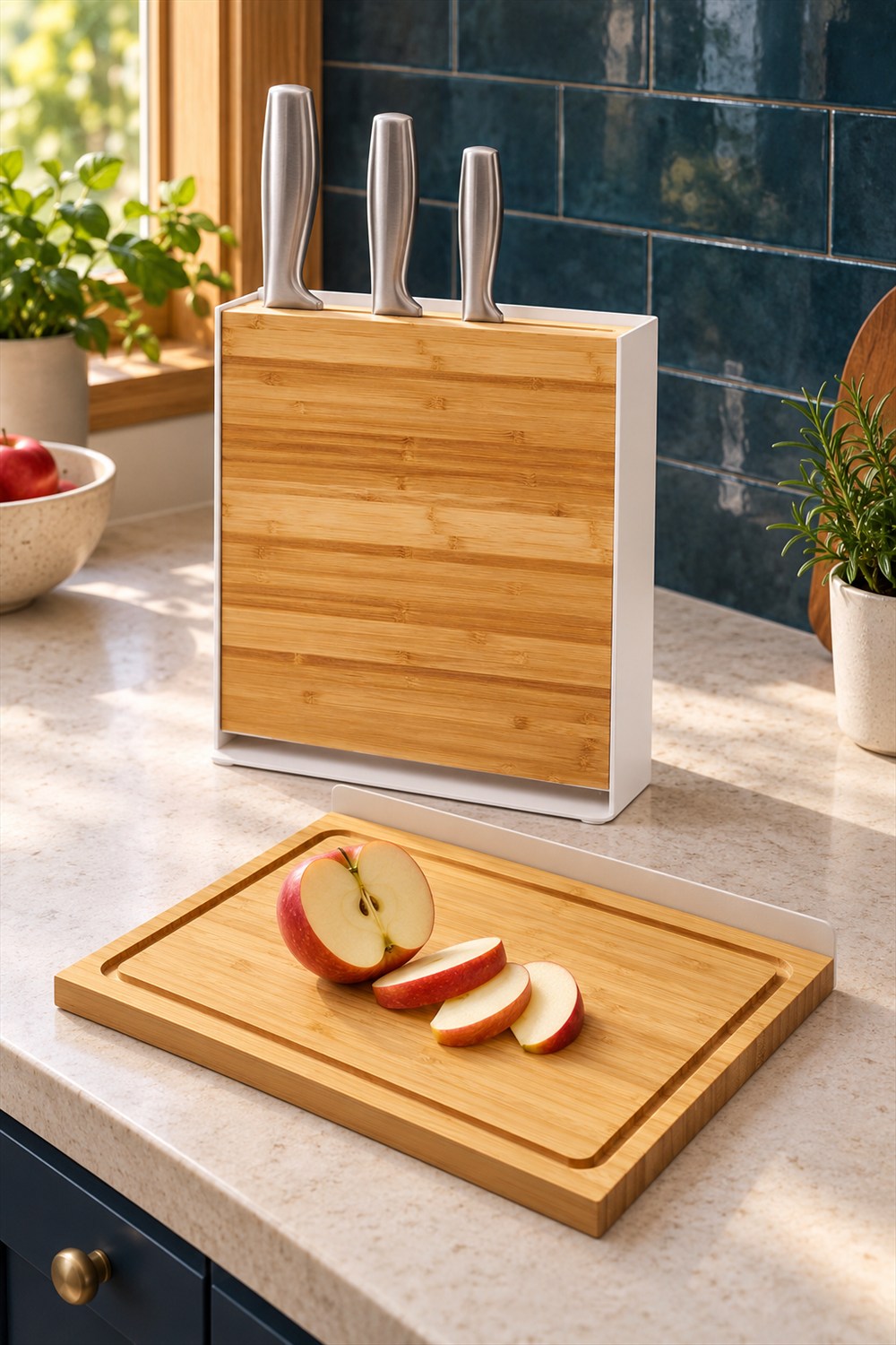 AI-generated lifestyle image of a white steel and bamboo Apto knife stand holding three knives, with its removable cutting board and apple slices on a kitchen counter.