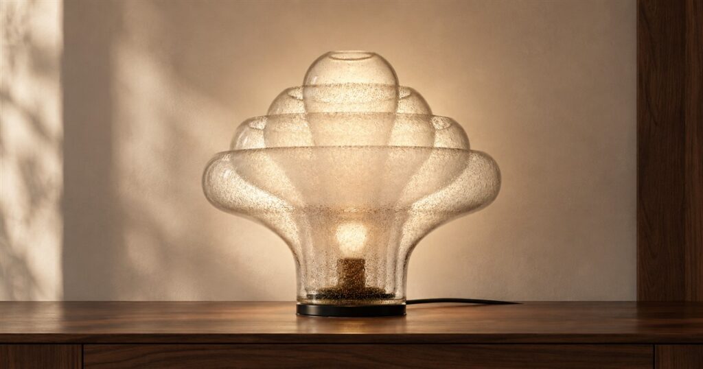 Illustration of the GUBI Lotus layered glass lamp on a walnut console
