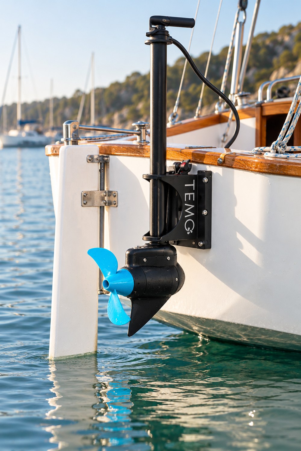 AI-generated lifestyle image of a black TEMO OUTPOD electric drive mounted on a white sailboat stern, with its blue two-blade propeller raised above calm water.