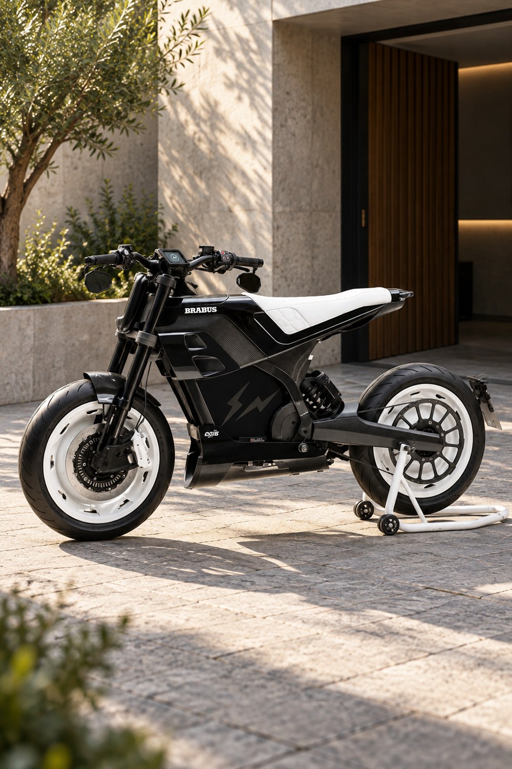 Black BRABUS Urban E Fragment Edition electric motorcycle with a white quilted seat and white wheel covers, resting on a rear stand in a sunlit courtyard.