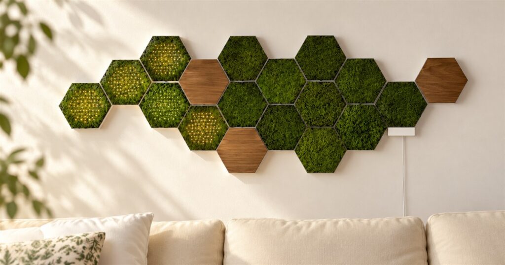 Living moss wall panels with wood accents and ambient lights - generated product visualization