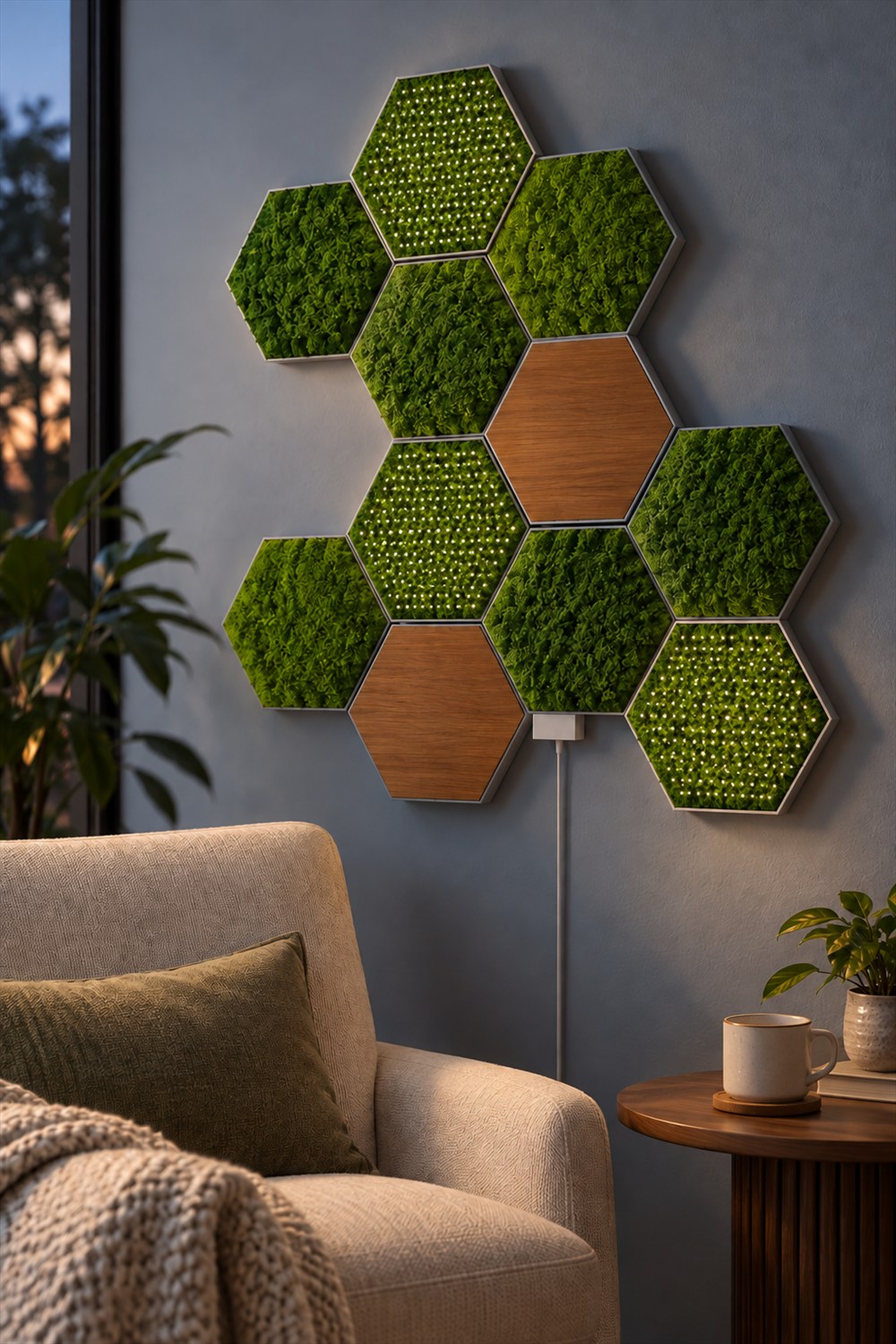 Hexagonal Moss Hexa panels with green moss, small embedded lights and wood-grain inserts above a linen reading chair.