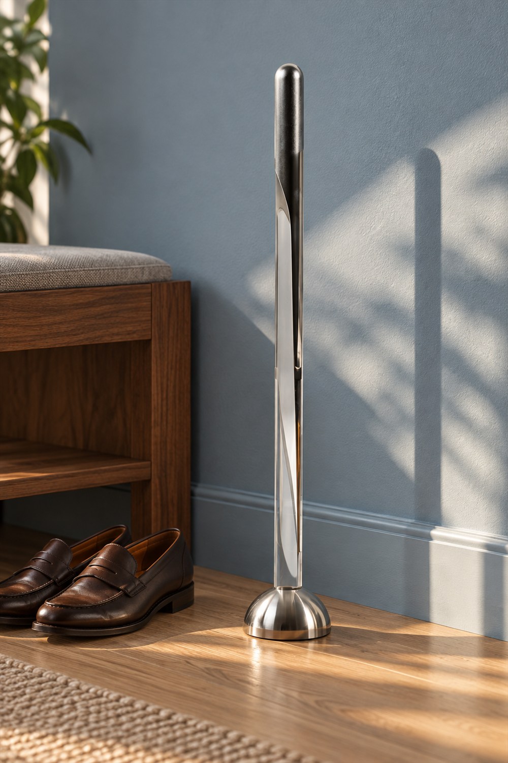 Long polished steel shoehorn stored upright in a clear acrylic stand with a domed metal base beside brown loafers and a wooden entryway bench.