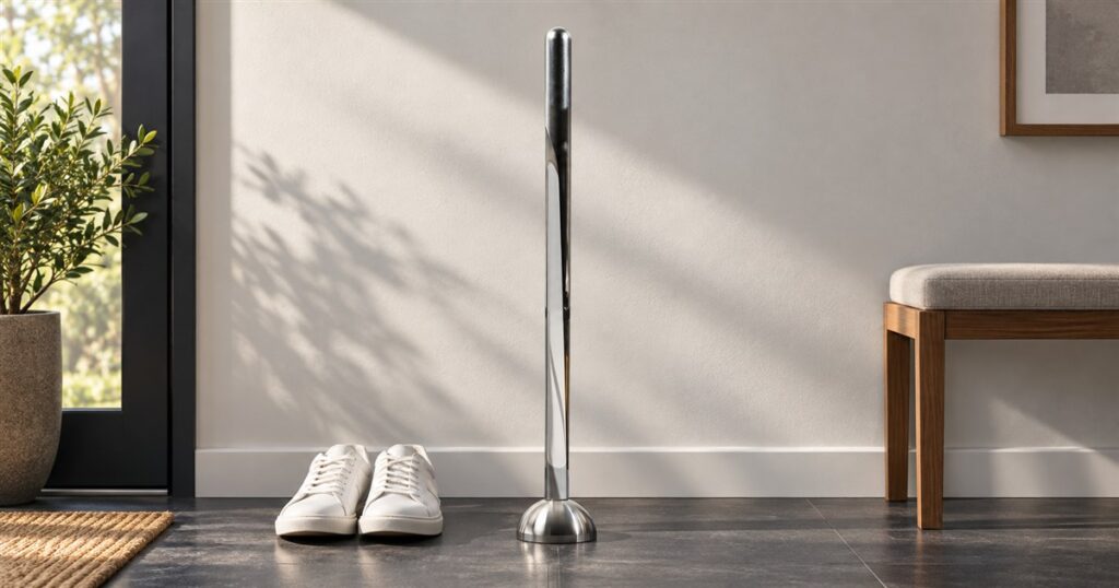 Long stainless steel shoehorn in its clear acrylic stand