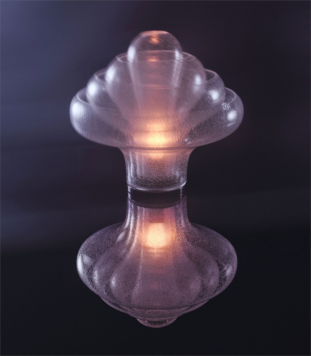 Lotus lamp with a purple-lit reflection on a mirrored surface