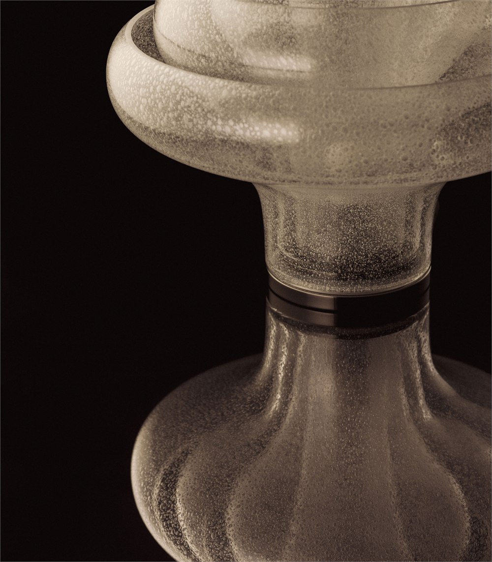 Detail of the Lotus lamp foot and base reflected on a dark surface